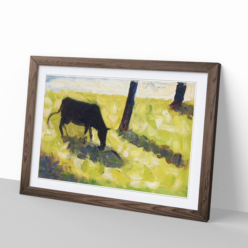 Black Cow in a Meadow by Georges Seurat - Picture Frame Painting, 27cm H x 36cm W x 2cm D, Walnut Framed