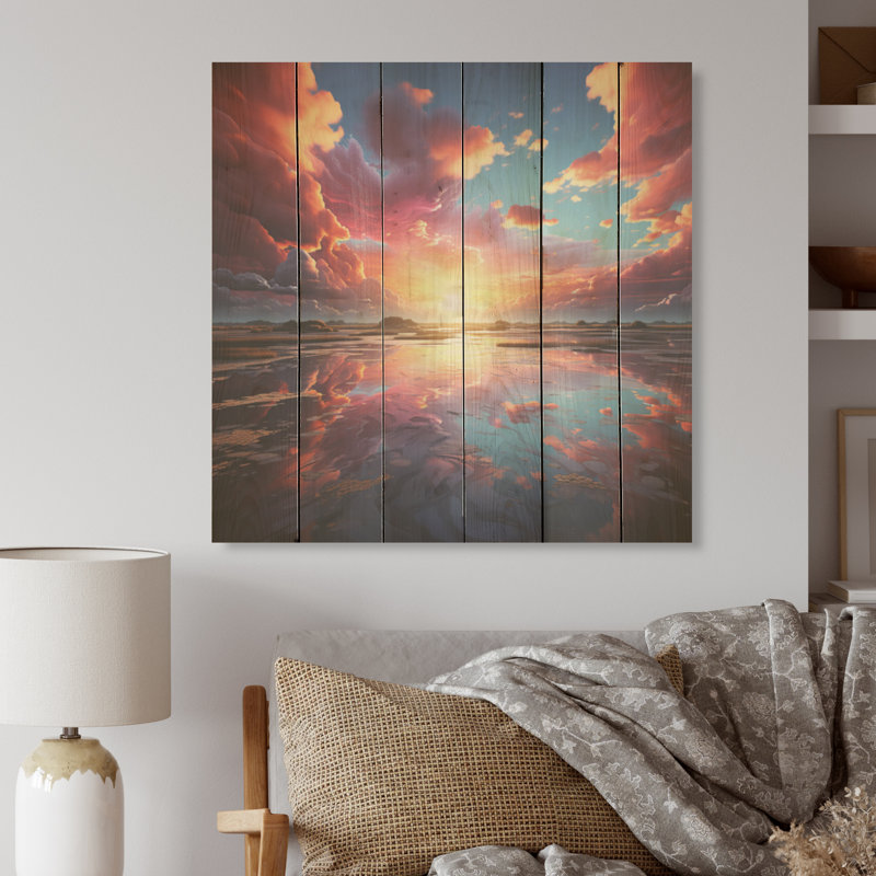 «Majestic Dream Sunset Horizon I», art sur bois de pin naturel, H 15 po x l 15 po