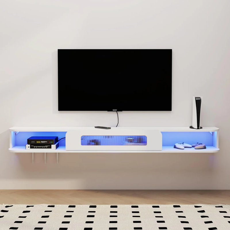 62.99" Slim Floating TV Stand with LED Lights and Glass Door – Modern White Wall Mounted Media Console for Up to 70" TVs
