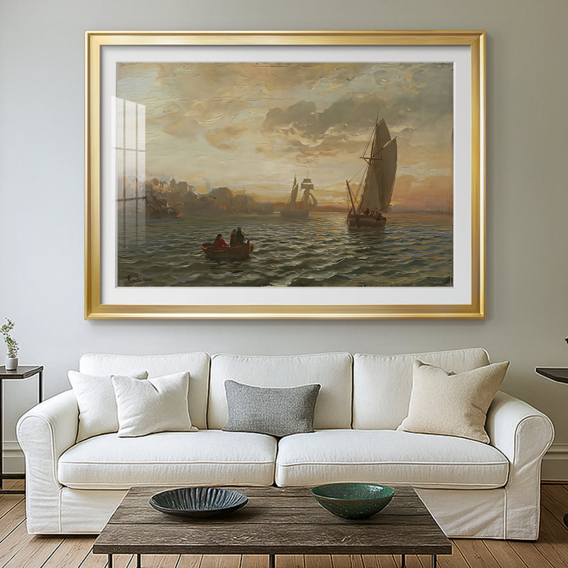 Paysage marin avec des voiliers - Hans Gude - reproduction encadrée avec passe-partout et verre - 1844, 26,5 x 36,5, Doré