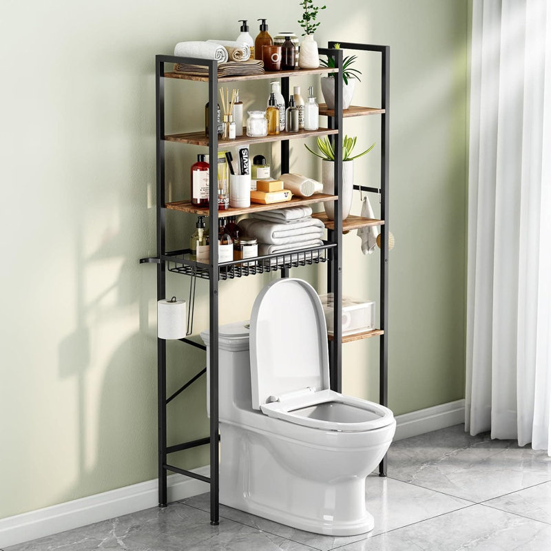 Rangement au-dessus de la toilette à 8 niveaux avec support latéral réglable, organisateur de salle de bain autoportant avec panier de bonde, tablette de rangement peu encombrante pour les petites salles de bain et les appartements