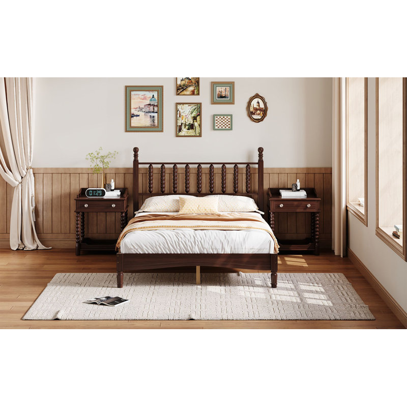 Lit plateforme en bois pleine grandeur avec tête de lit en forme de gourde, lit plateforme de style rétro avec support à lattes en bois, noyer