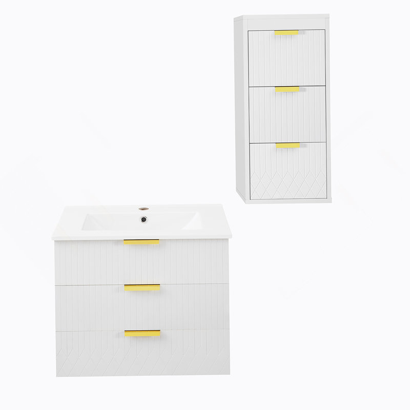 Armoire flottante murale 24 po avec armoire latérale, meuble-lavabo rectangulaire, petit lavabo de salle de bain avec trou de robinet simple et trop-plein, armoire de salle de bain moderne avec lavabo en céramique