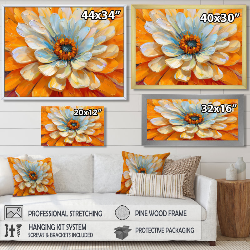 Blanc, pissenlit, orange, rayonnant, fleur, pissenlit, art mural, salon, Cadre flottant noir, H 24 po x l 32 po