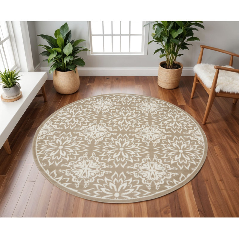 Tapis rond antidérapant floral 8 'taupe et ivoire