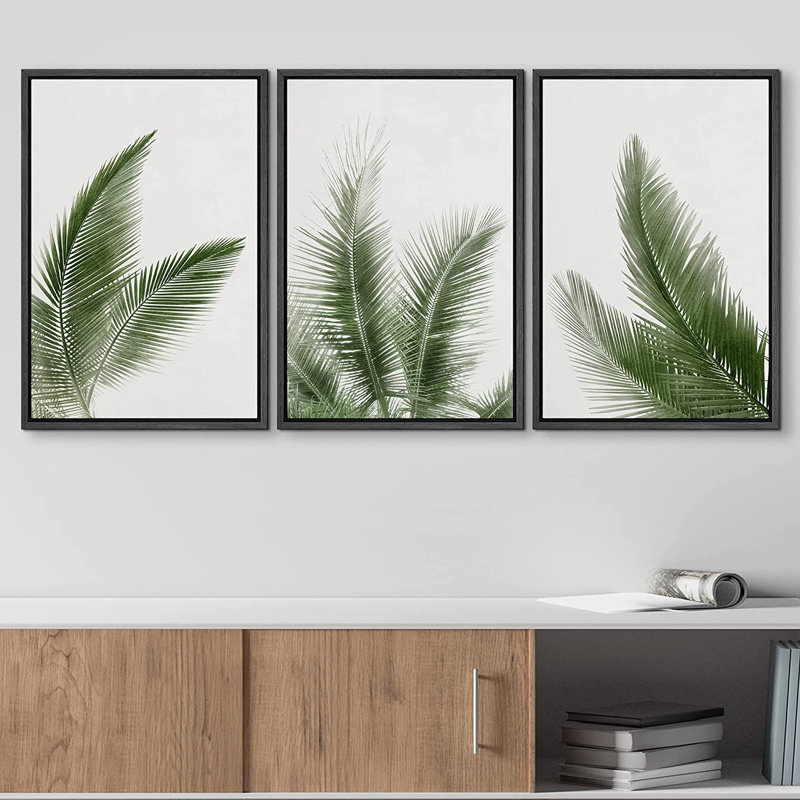 «Minimal Botanical Green Tropical Jungle Palm Tree Leaf Botanical Simple Décor», reproduction d'art encadrée sur toile 3 pièces