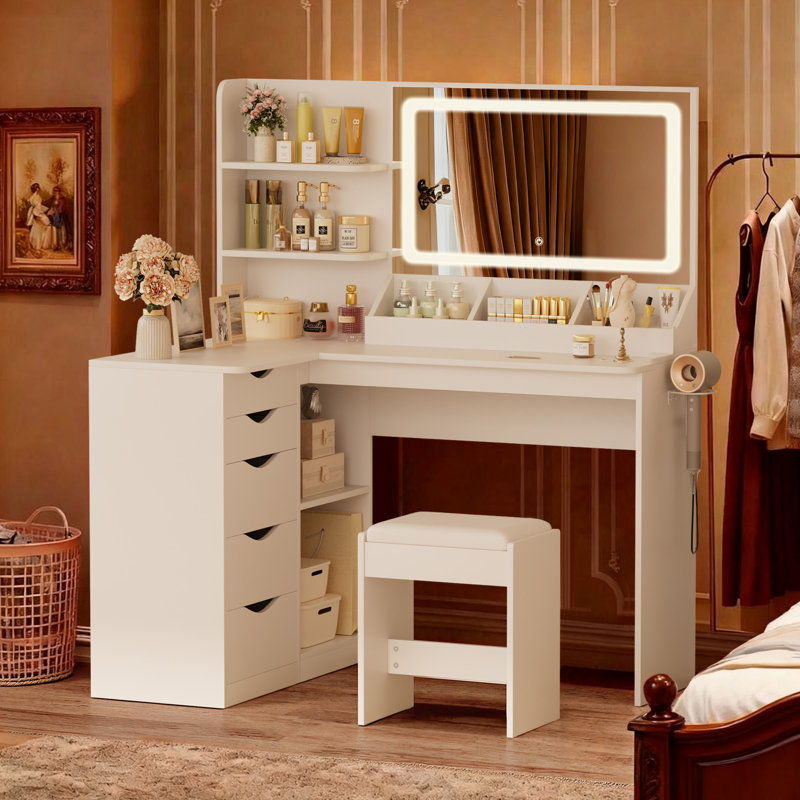Vanity Desk with Mirror and Lights, Built-in Power Outlets, Storage Drawers & Open Shelves, LED Mirror with 3 Color Modes, Includes Cushioned Stool