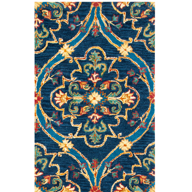 Drihmi Hand Tufted Wool/Cotton Geometric Rug in Green/Navy/Yellow, Rectangle 8' x 10'