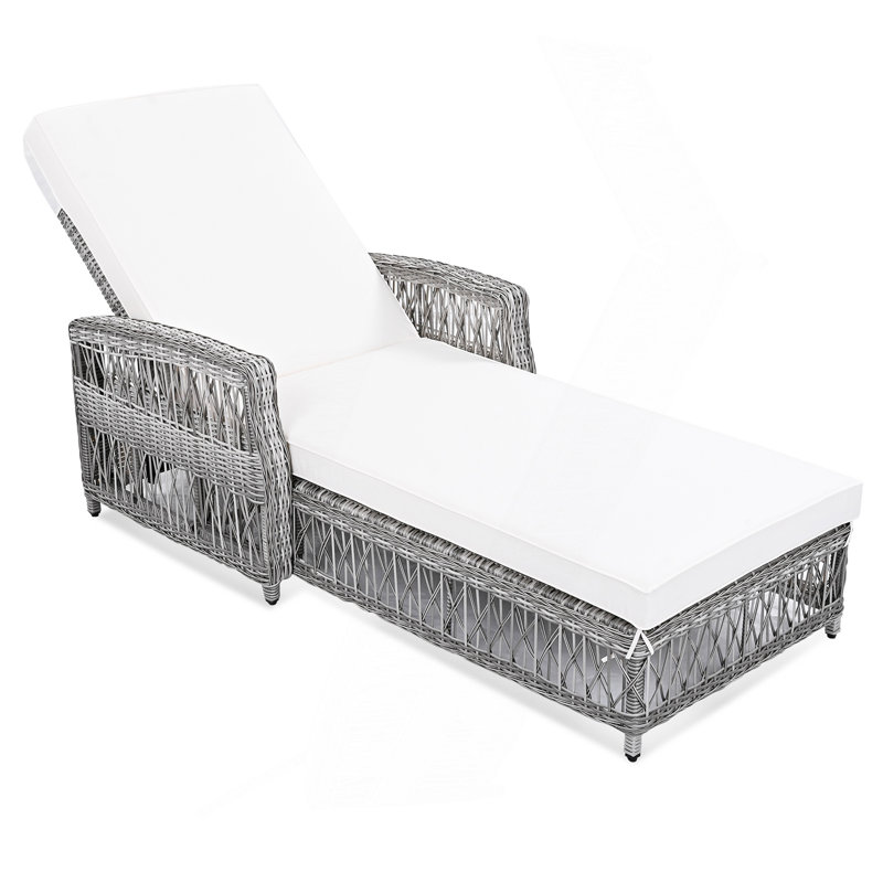 Outdoor Long Reclining Chaise, Wicker Lounge With Armrests, Patio Adjustable Recliner With Soft Removable Cushions, All Weather Rattan Pool Lounge For Poolside & Garden, Beige
