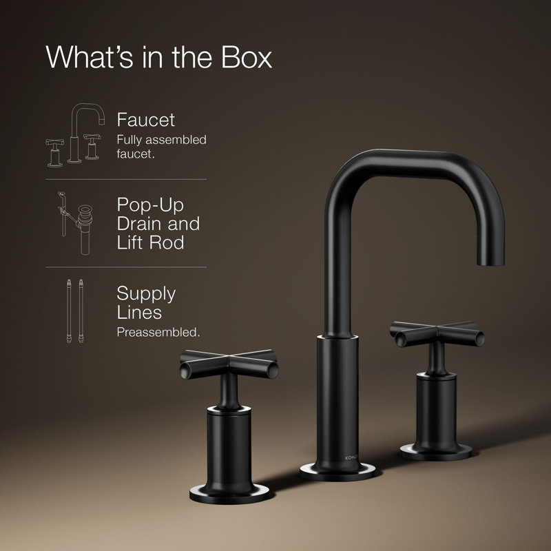 Kohler Purist® Widespread Bathroom Faucet with Pop-Up Drain Assembly, 3-Hole High Arc Cross Handle Bathroom Sink Faucet, 1.2 gpm