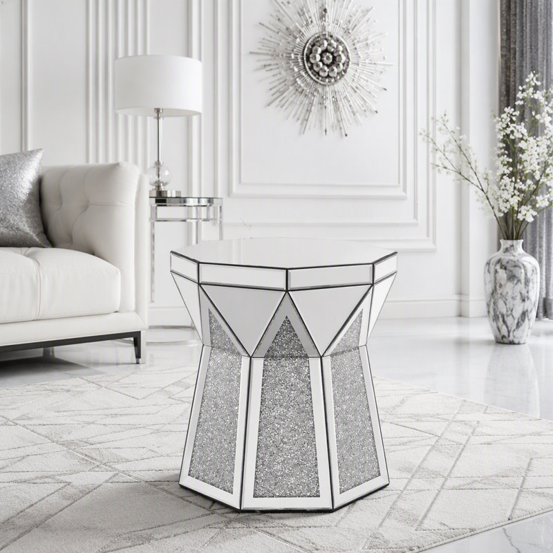 Table basse miroir de style tambour avec incrustations de cristal