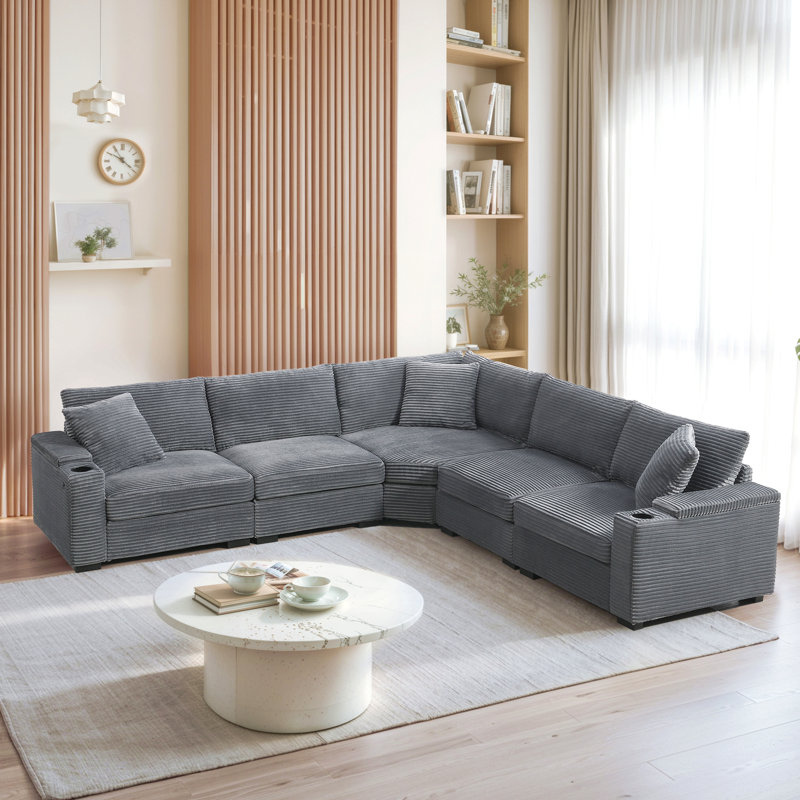 104" Convertible L-Shaped Sectional Sofa, Corduroy Corner Couch With Armrest Storage, Cup Holders, Usb Charger, Irregular Corner, Oversized Comfy Modular Sofa For Living Room&Apartment