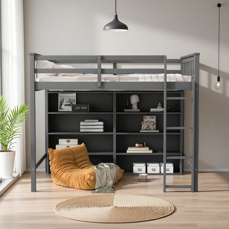 Lit mezzanine avec 8 tablettes de rangement ouvertes, Lit simple, Gris antique