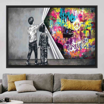 Banksy Boy Graffiti Canvas Poster: Trendy Behind the Curtain Wall Art for Home Decor