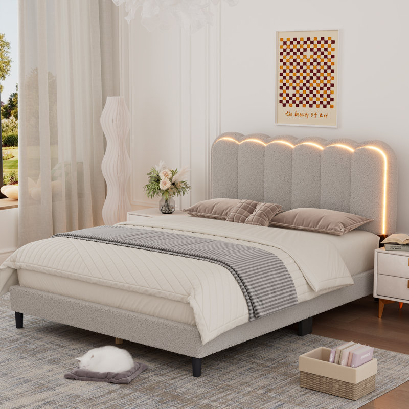 QUEEN-Boucle Upholstered Solid Wood Bed Frame Soft Rounded Corners Headboard Low Profile Bed Frame with RGB LED Lights（No Mattress Included）