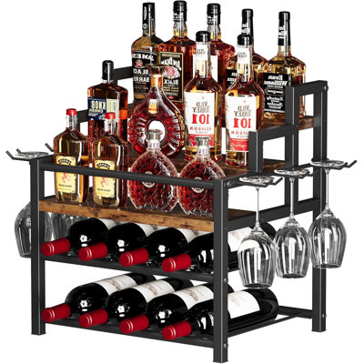 5-Tier Liquor Bottle Display Shelf, Holds up to 20 Bottles, Countertop Wine Racks with 6 Wine Glass Holders