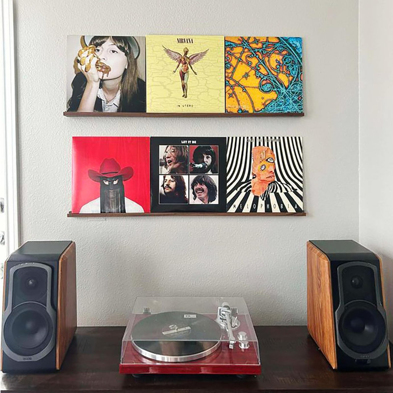 Wall Mount Vinyl Record Shelf - 3-Tier Solid Walnut Display For LP Albums - Minimalist Floating Shelves Fits All Record Sizes - Handcrafted Storage Solution For Vinyl Collectors