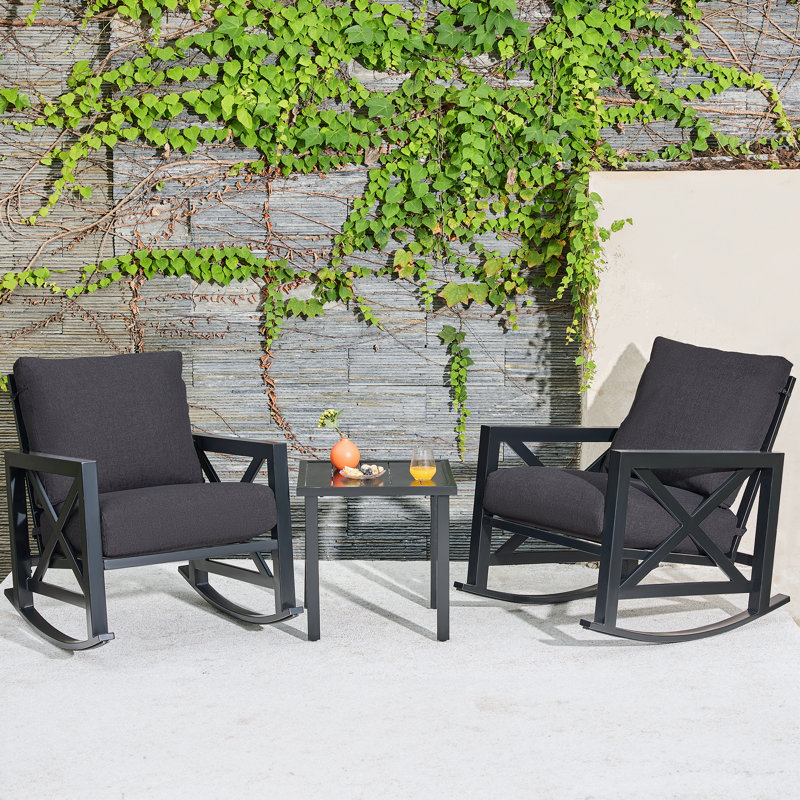 Isfried 3-Piece Metal Frame Outdoor Conversation Set with Thick Cushions, Dark Gray Cushion/Black Frame