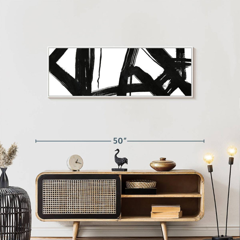 Black Ink Streaks VII, 43" X 15", Floating Frame White