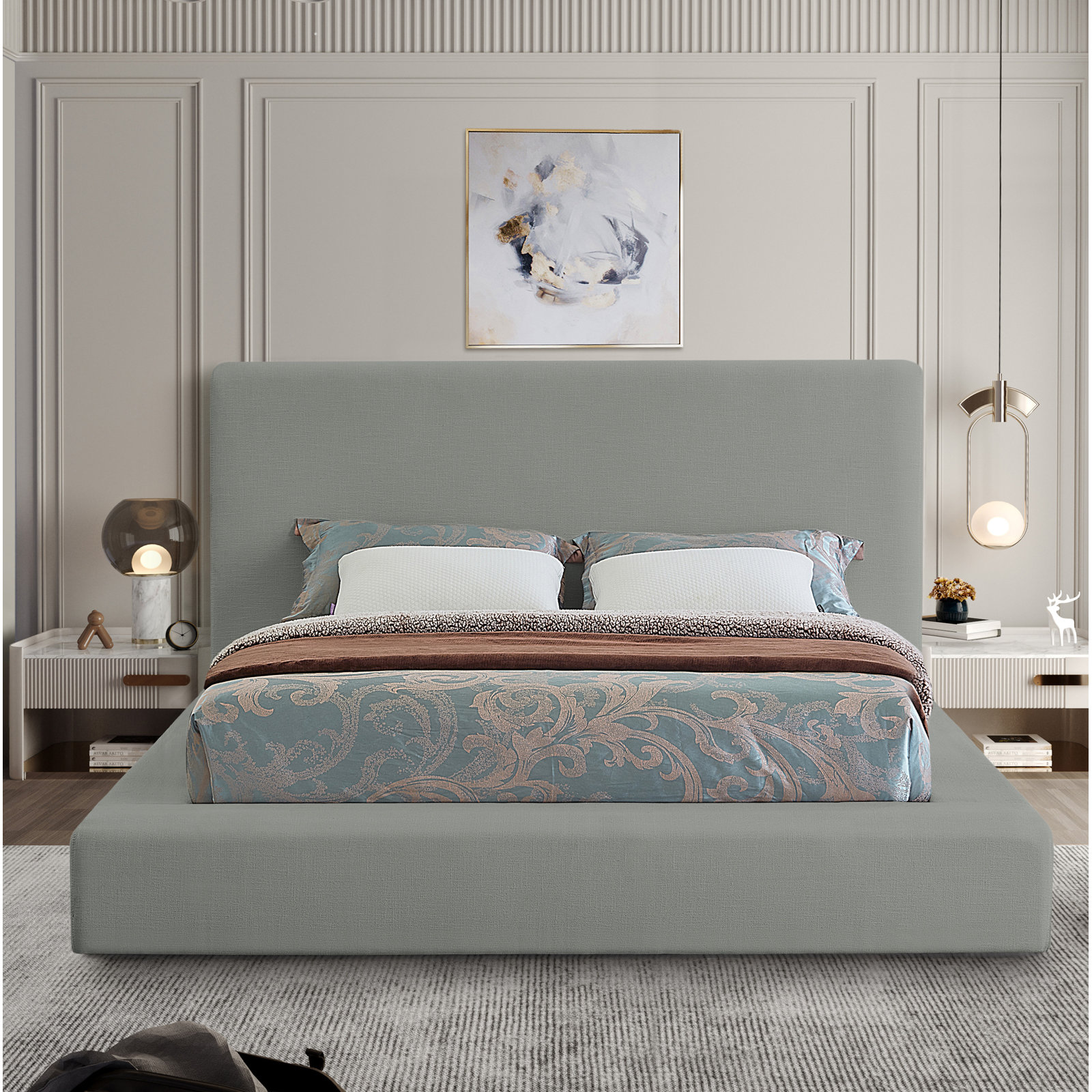 Ishia Velvet Upholstered Bed, Grey Linen, King