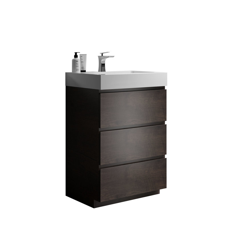Meuble-lavabo de salle de bain noyer 24 po - moderne, autoportant, rangement intérieur substantiel, lavabo blanc, glissières de tiroir, meuble pré-assemblé, grande salle de bain de rangement moderne, lavabo vasque, silencieux
