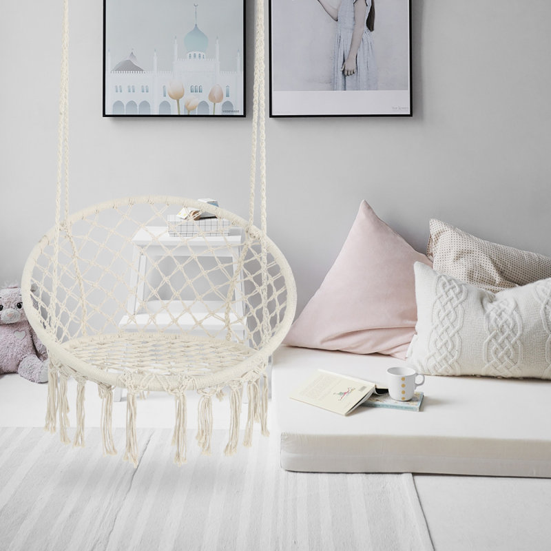 Hammock Chair Macrame Swing  Max 330 Lbs Hanging Cotton Rope Hammock Swing Chair For Indoor And Outdoor, Beige