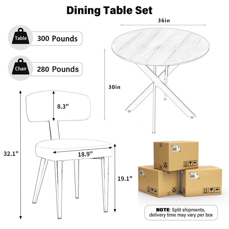Table de salle à manger ronde 36 po avec chaise d'appoint en peluche noire, Brun, 3 pièces: table, 2 chaises