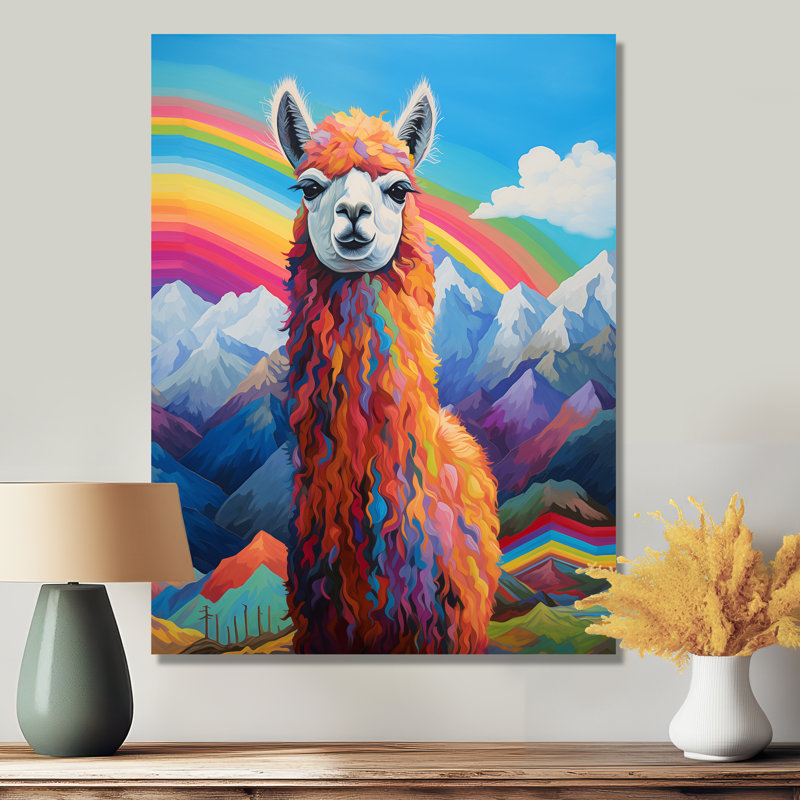 Alpaca In Chile Mountain Rainbow Landscape I - Llama Animal Wall Art, H 20 po x l 12 po x P 1 po, Cadre simple noir