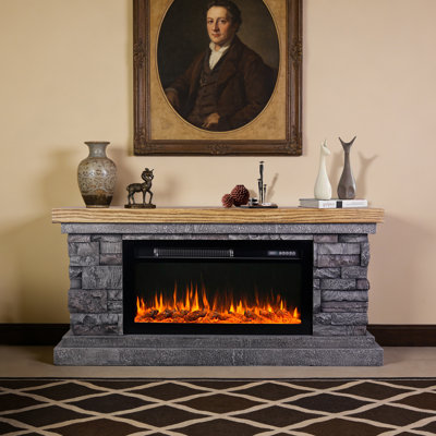 Millwood Pines Terrafab Indoor Smart Electric Fireplace, High Simulate Wood Shape Inside, Faux Stone Gray