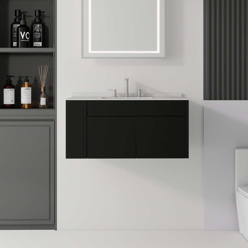 Meuble-lavabo flottant 36 po avec lavabo, porte à fermeture douce, comptoir en granite blanc 0,6 po et dosseret, contreplaqué, noir