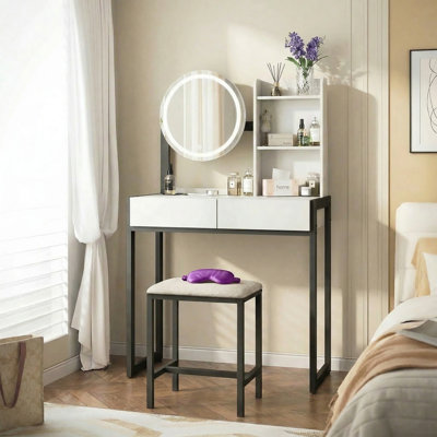 Small Vanity Desk with Built-in Power Outlet & 3 Lighting Modes, Makeup Vanity Table with Cushioned Stool & Open Storage Shelves for Bedroom