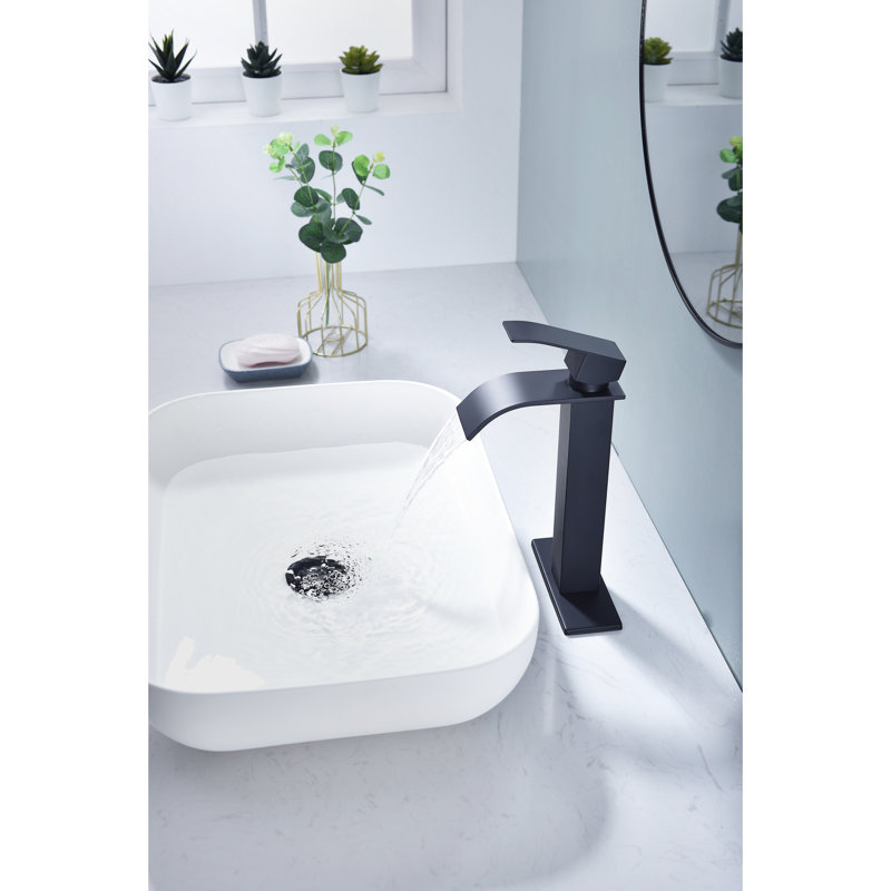 Robinet de salle de bain noir mat à cascade, commande à une poignée, acier inoxydable avec bonde escamotable sans trop-plein