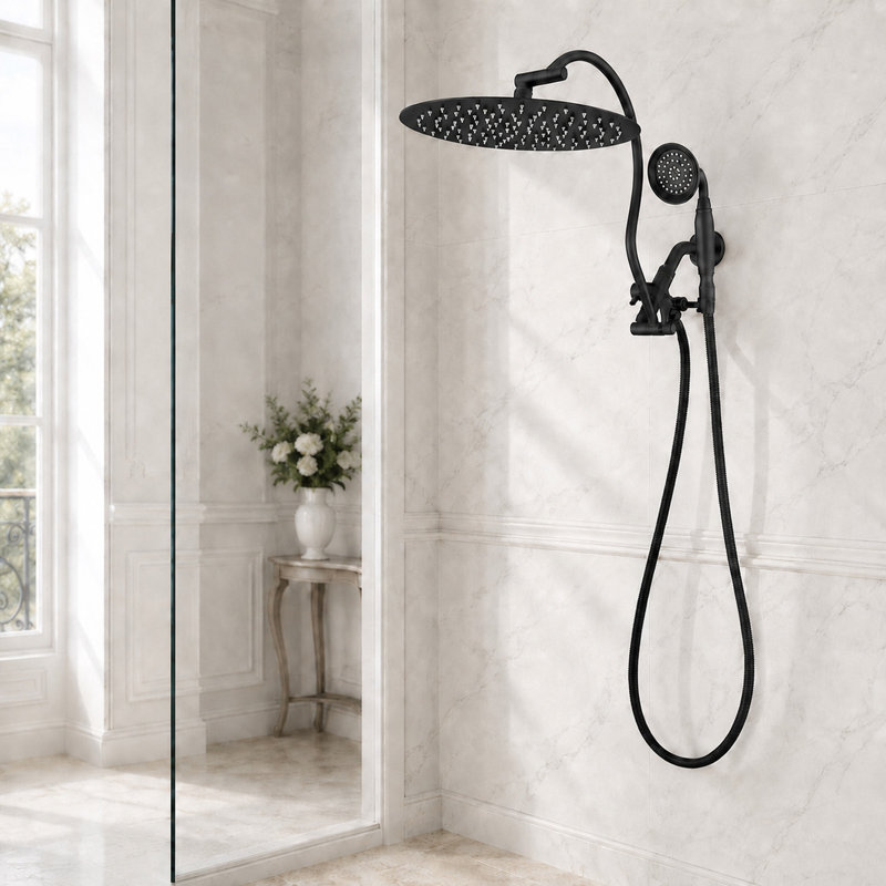 Système de douche à pluie et à main 12 pouces noir mat avec bras d'extension incurvé réglable à 360 °