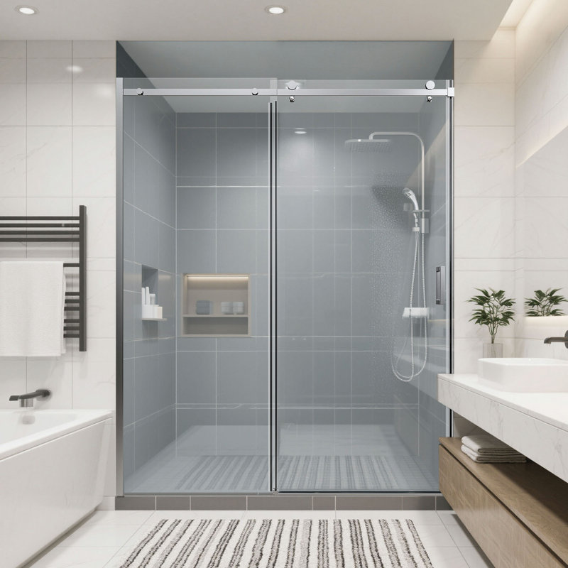 Portes de douche coulissantes simples sans cadre l 56 à 60 po x H 74 po, porte de douche coulissante pour salle de bain, porte en verre trempé épais de 5/16 po (8 mm) de type GSC