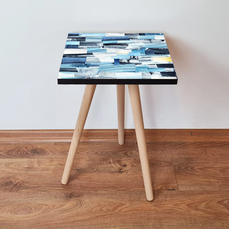 Modern Side Table, Abstract Geometric Design, White & Navy Blue, 13.8 x 16.5 x 13.8 inches | 100% MDF with Beech Wood Legs, Thickness: 0.7 inches | Stylish & Functional Accent for Living Room or Bedroom