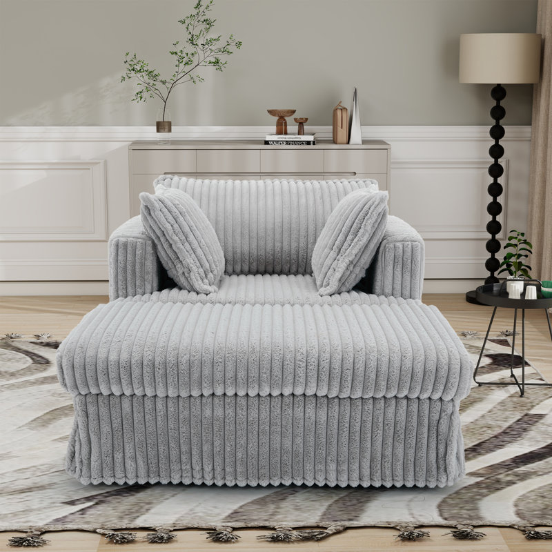 Oversized Corduroy Chaise Longue With Ottoman, Light Gray