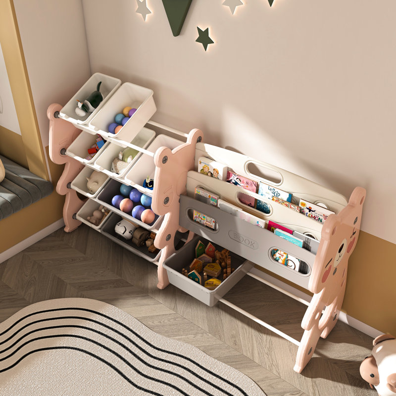 Rangement avec tablette et 12 bacs roses, bibliothèque à 2 niveaux pour une organisation sécuritaire et peu encombrante en rose