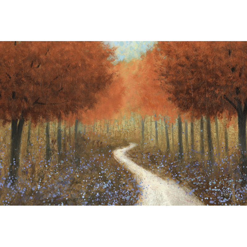 Route de la forêt rouge, fleurs bleues, chemin paisible, orange, brun clair, H 26 po x l 50 po x P 1,5 po