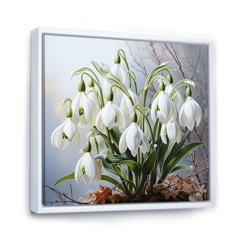 White Green Snowdrops Romantic Impression II - Floral Canvas Wall Art, H 30 po x l 30 po x P 1 po, Cadre flottant blanc