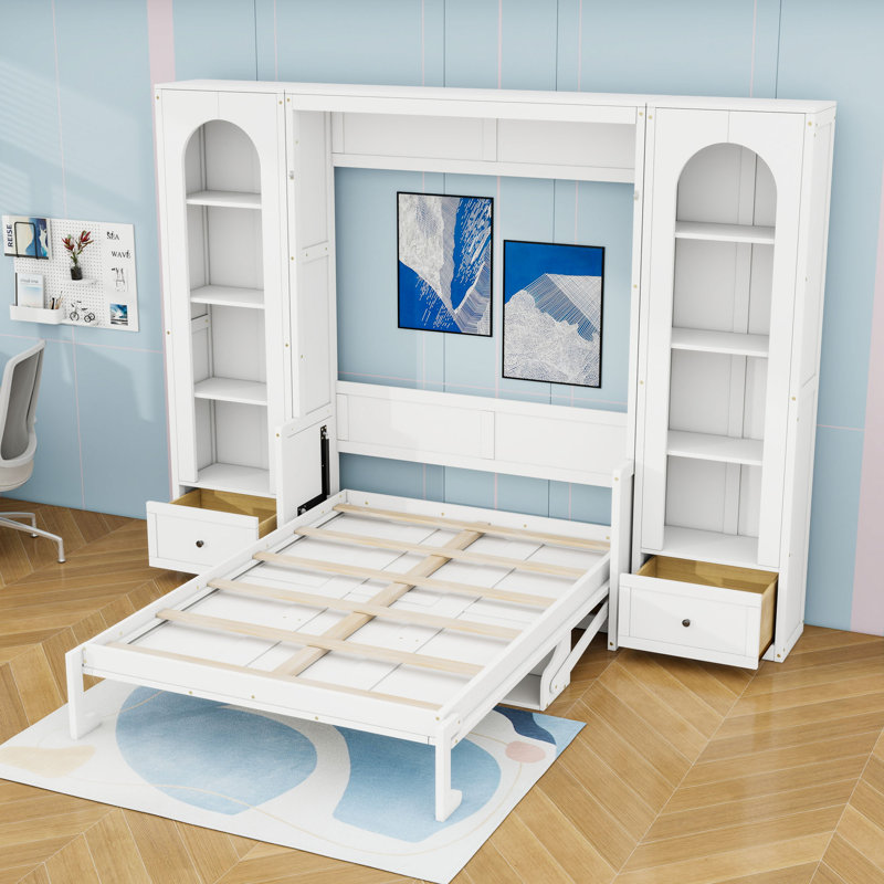 Grand lit escamotable avec tablettes de rangement, DEL, armoires latérales et tiroirs, Blanc