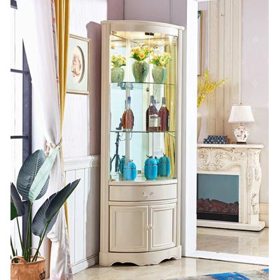 Armoire à vin de coin courbée et éclairée avec tablettes en verre trempé