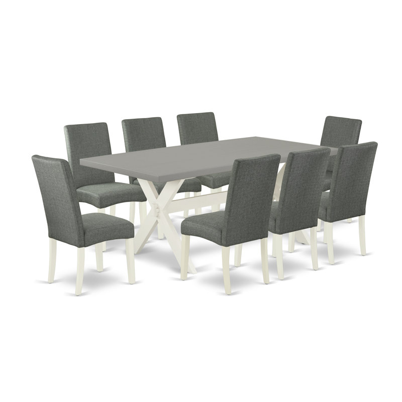 Ensemble de 9 pièces de coin-repas - 8 chaises Parson en tissu Shitake et table de salle à manger moderne en ciment - Lin blanc
