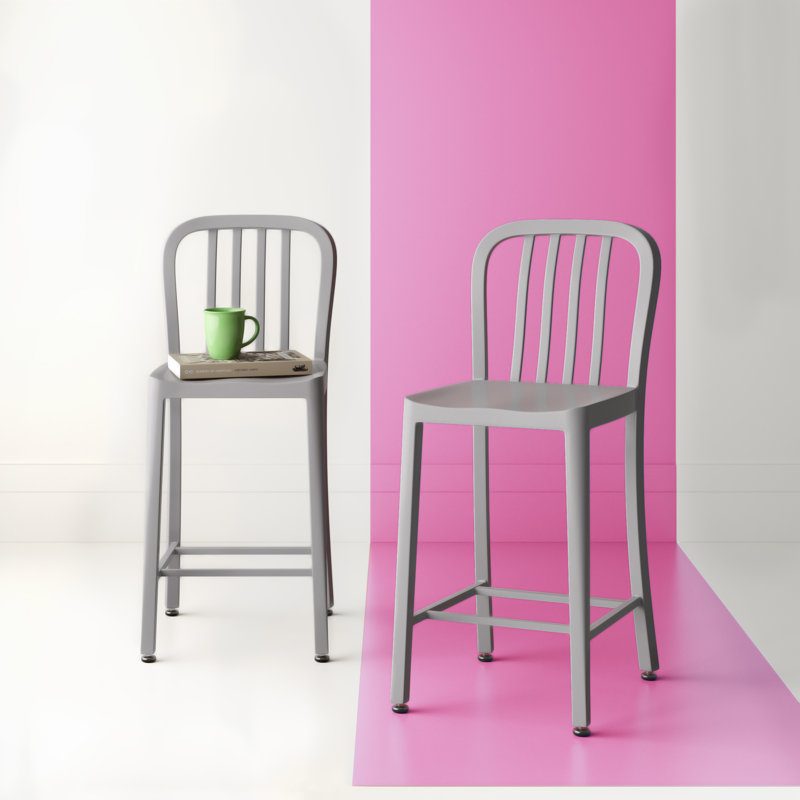 Commercial Grade Metal Indoor-Outdoor Stool with Vertical Slat Back, Bar Stool (76cm Seat Height), Silver