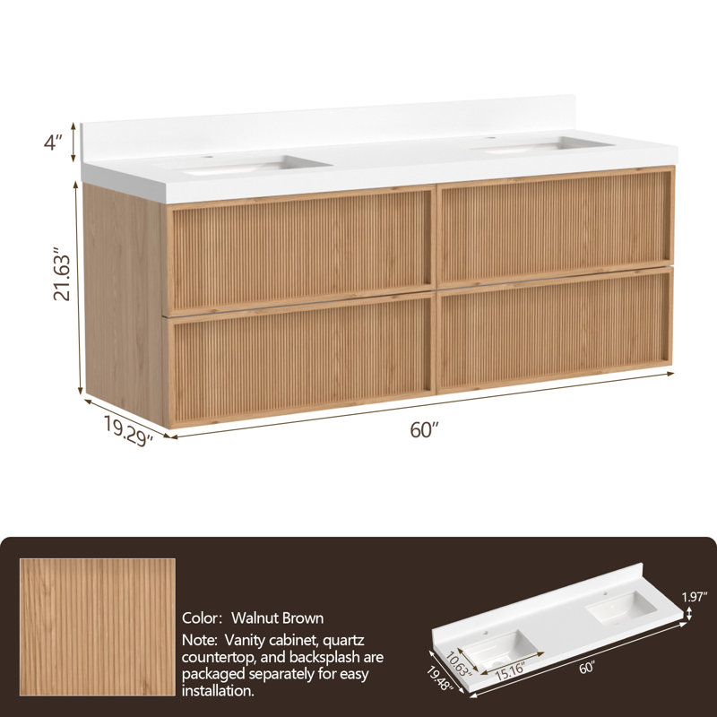 Meuble-lavabo flottant de 60 po avec comptoir en quartz et deux lavabos encastrés, tiroirs en bois massif, conception en bois cannelé