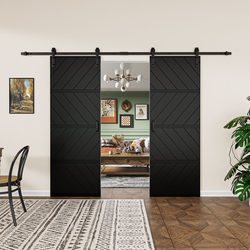 Double Modern Wave Design Sliding Barn Door with Installation Hardware Kit(Easy Assembly), Black, 60" x 84"