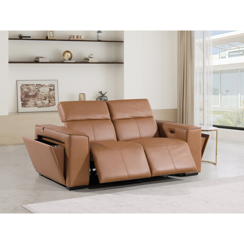 Top Grain Italian Leather Modular Power Dual Reclining Loveseat With Power Headrests, Cognac