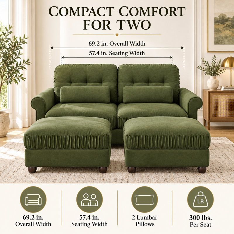 Canapé modulable 2 places en chenille Deerwood de 176 cm de large avec 2 poufs, coussins à volants et coussins lombaires
