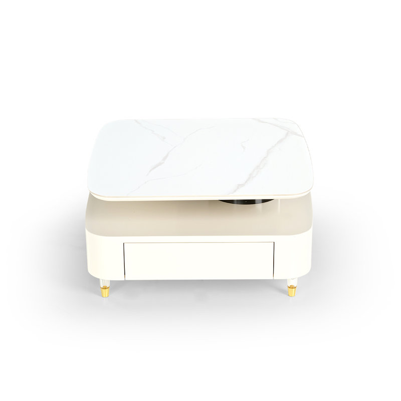 Table basse rotative blanc crème avec tiroirs