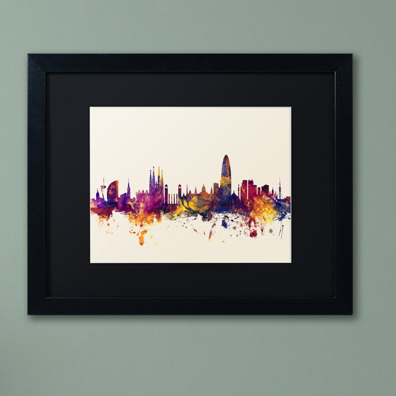 "barcelone espagne horizon" , impression encadrée, H 16 po x l 20 po x P 0,5 po, Noir, Cadre noir