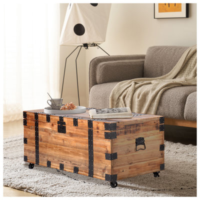 Industrial Reclaimed Wood Trunk Coffee Table with Wheels - Large Storage Chest for Living Room